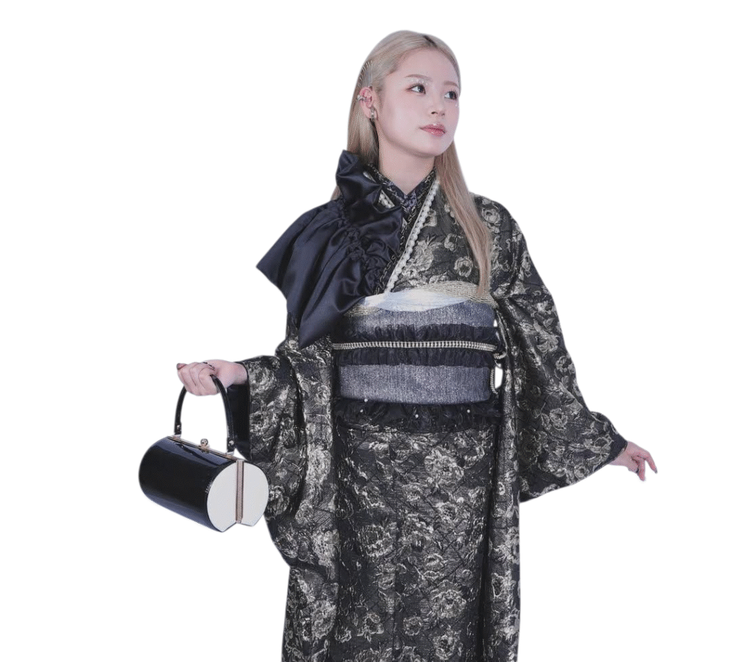 Traditional Black and white Kimono with clutch bag on Japanese woman white bg The Kimono Outlet